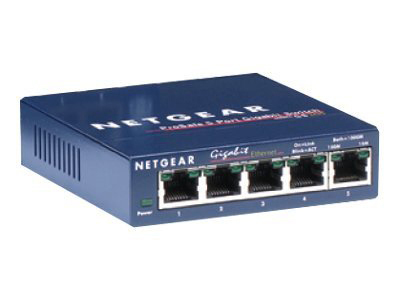 Ein blauer Netgear Gigabit-Ethernet-Switch mit fünf Anschlüssen.
