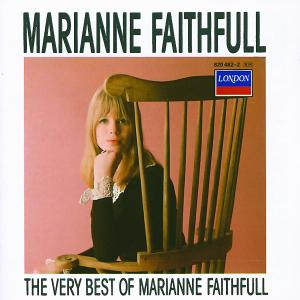 Marianne Faithfull Albumcover. Schwarz-Weiß-Foto von ihr auf einem Holzstuhl.