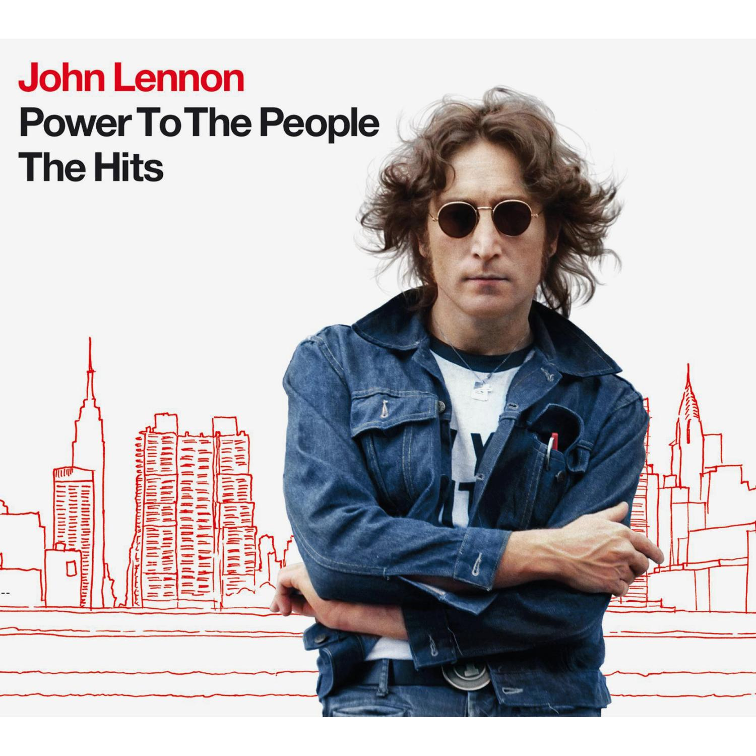 John Lennon Albumcover, Foto von ihm mit Sonnenbrille, rote Stadtumrisse.