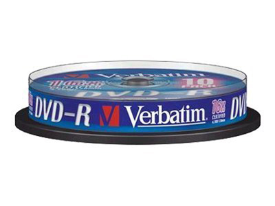 Ein Stapel Verbatim DVD-R-Discs in einer transparenten Kunststoffhülle auf schwarzem Sockel.