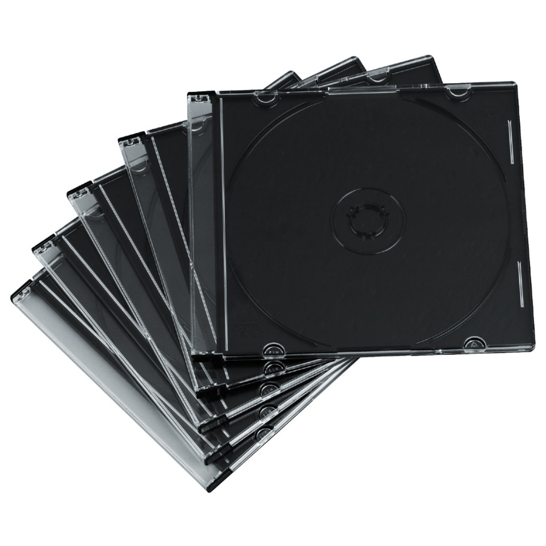 Ein Stapel schwarzer CD-Jewelcases. Sie sind geöffnet, um die Innenseite zu zeigen.