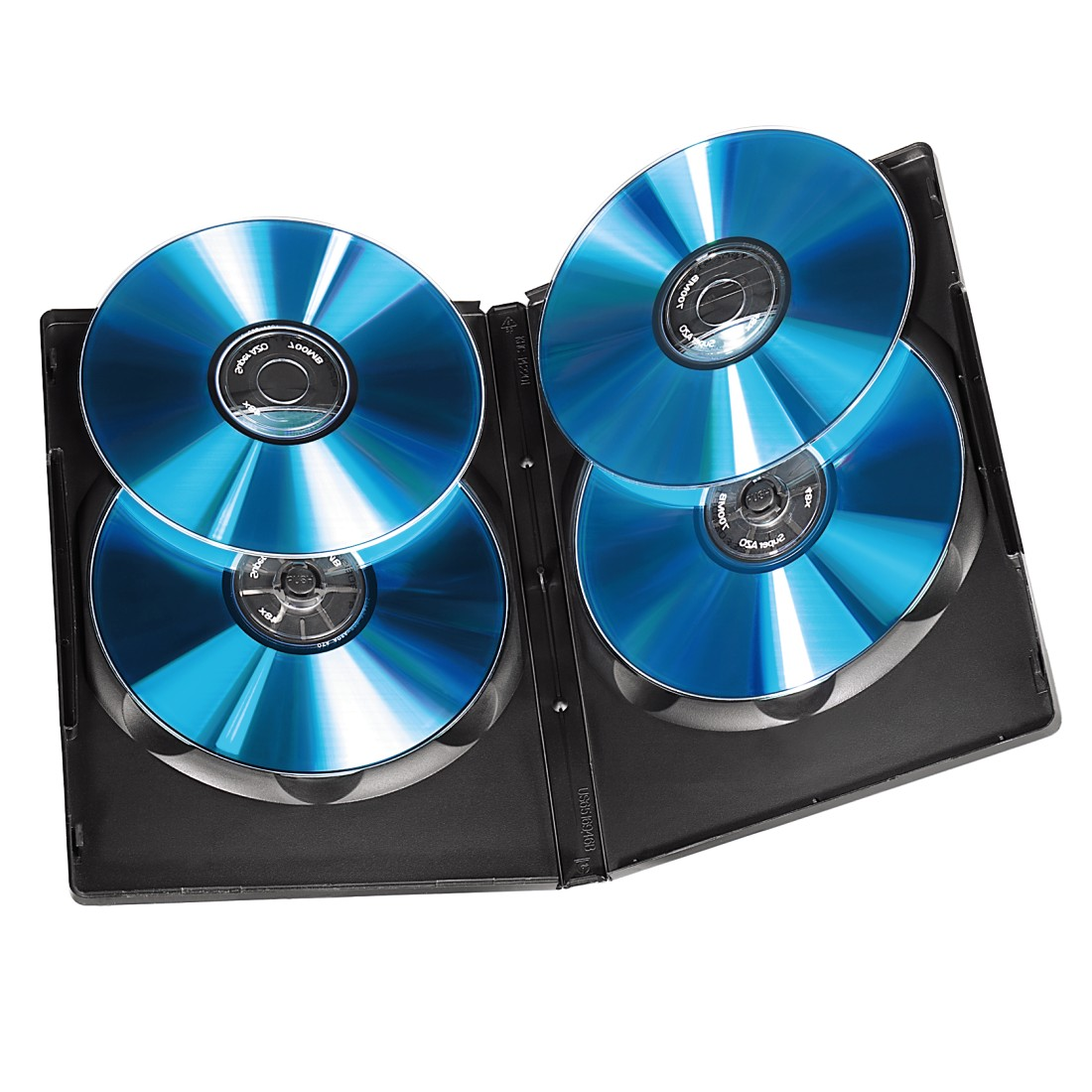 Open DVD case with four blue-tinted discs inside.