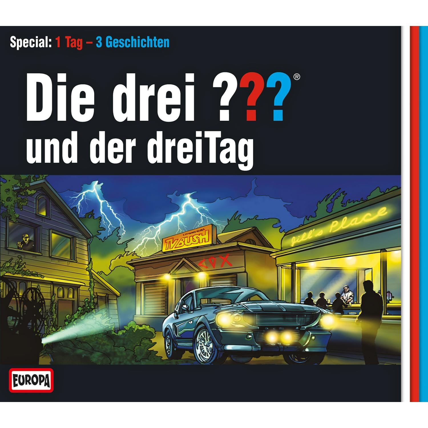 Comic-Cover: Ein Auto bei Nacht vor Gebäuden mit dem Titel Die drei ??? und der dreiTag.