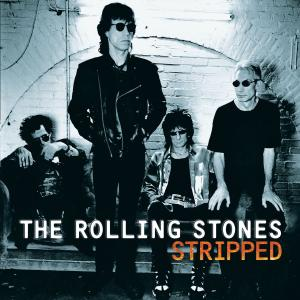 Albumcover mit The Rolling Stones, schwarz-weiß. Gestreifter Titel.
