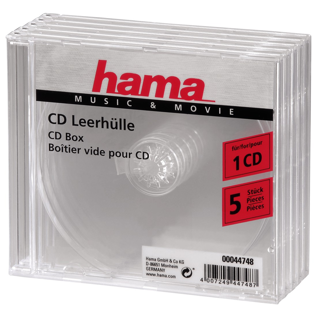Pile de cinq boîtiers de CD transparents avec une étiquette indiquant les informations sur le produit.