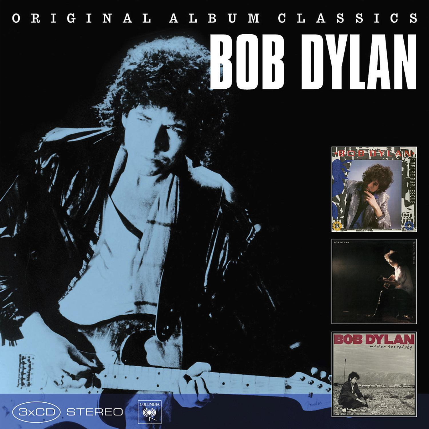 Okładka albumu z Bobem Dylanem grającym na gitarze. Tekst: Original Album Classics. Zawiera trzy okładki albumów.
