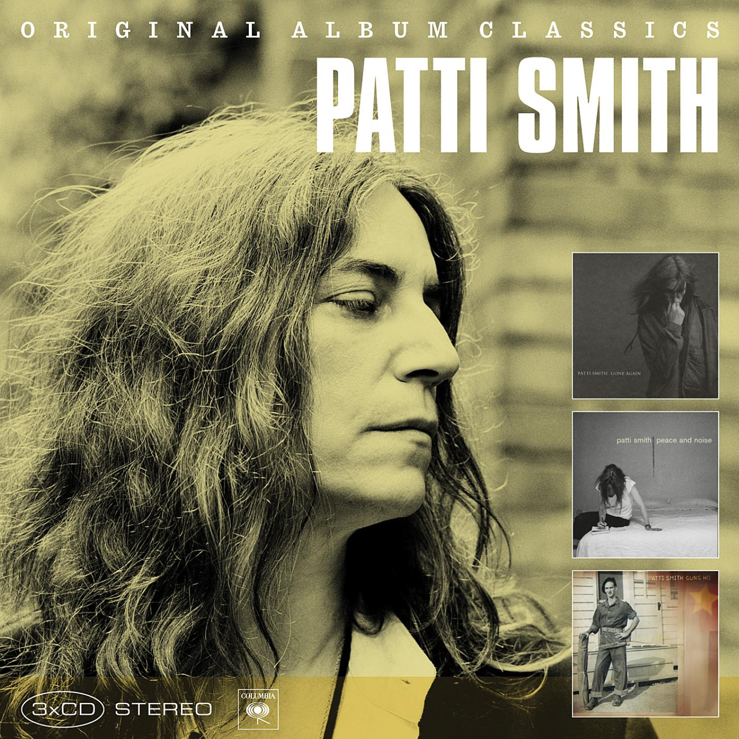 Patti Smith Albumcover. Profil einer Frau, Text: Original Album Classics. Drei Albumcover in der Ecke.