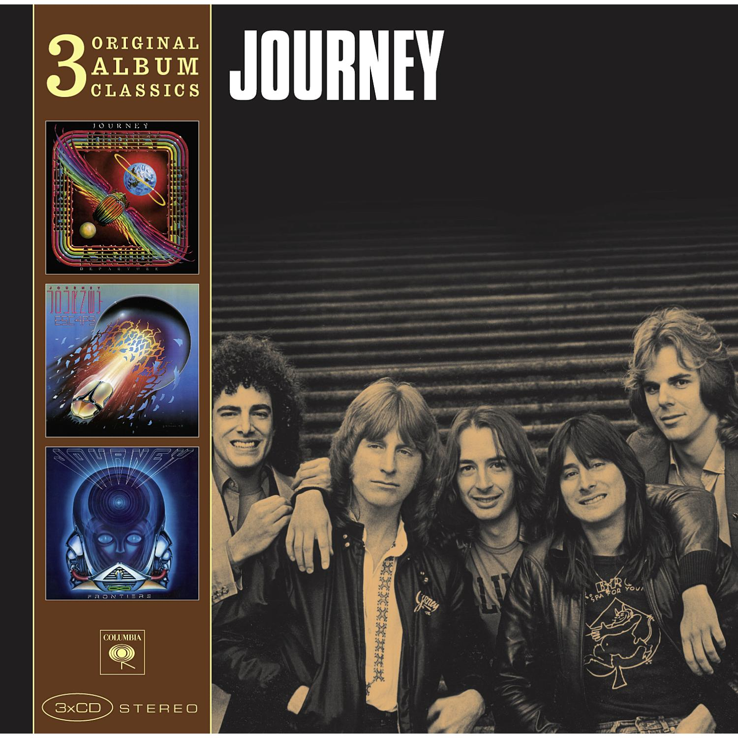 Albumcover für Journey. Mehrere Albumcover in einer Reihe mit Bandmitgliedern.