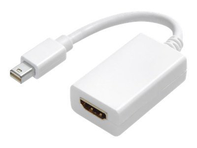 White Mini DisplayPort to HDMI adapter, with a white cable.