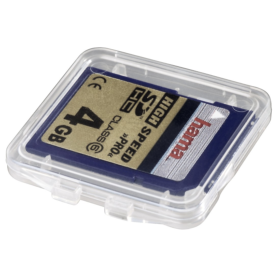 Eine transparente Kunststoffhülle mit einer blauen 4GB SD-Karte. Die Marke Hama ist zu sehen.