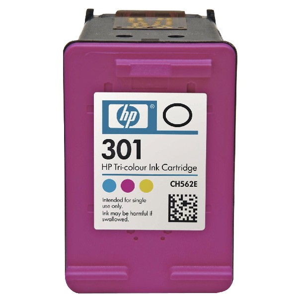 A pink HP 301 ink cartridge for a printer, with color indicators and warning labels.