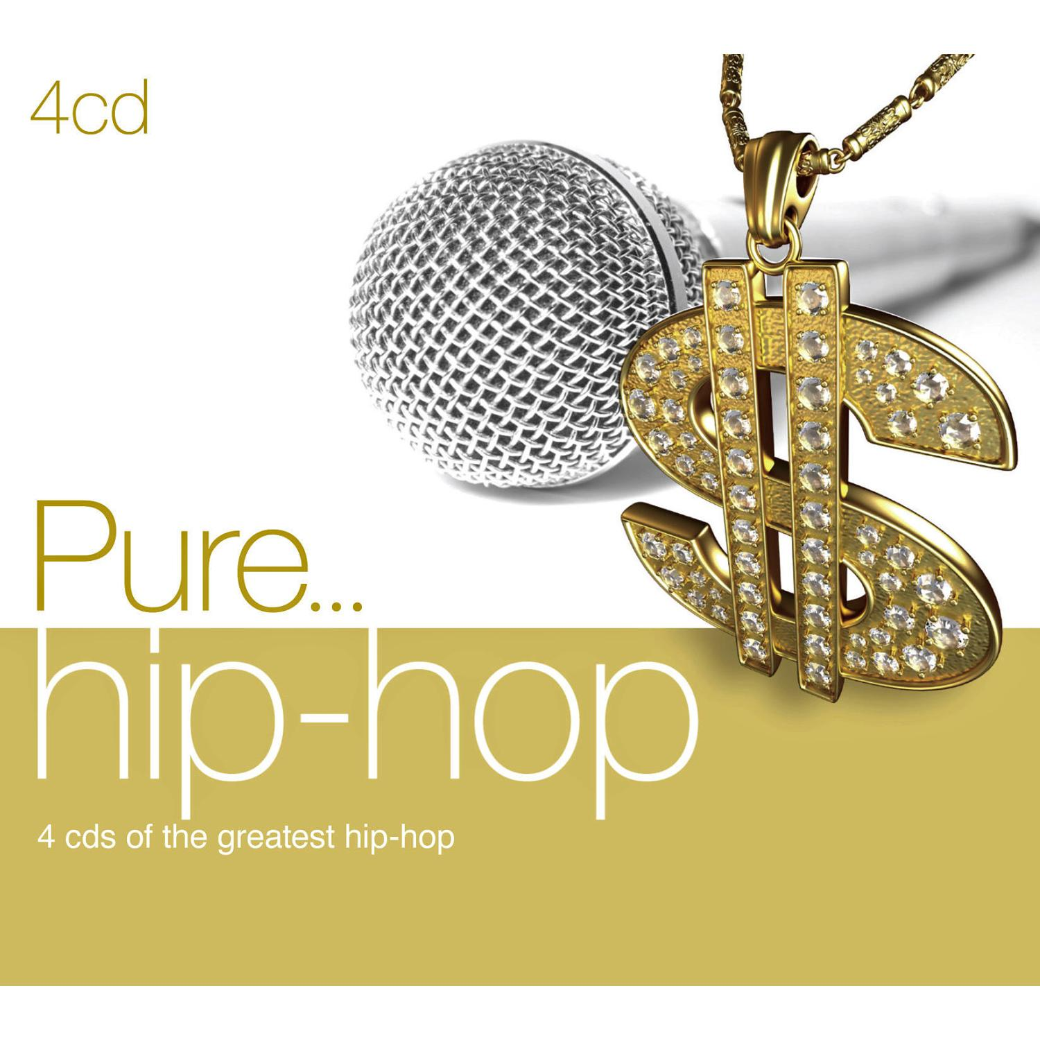 Albumcover 'Pure... Hip-hop'. Ein Mikrofon, Dollarzeichen-Anhänger und goldfarbener Hintergrund.