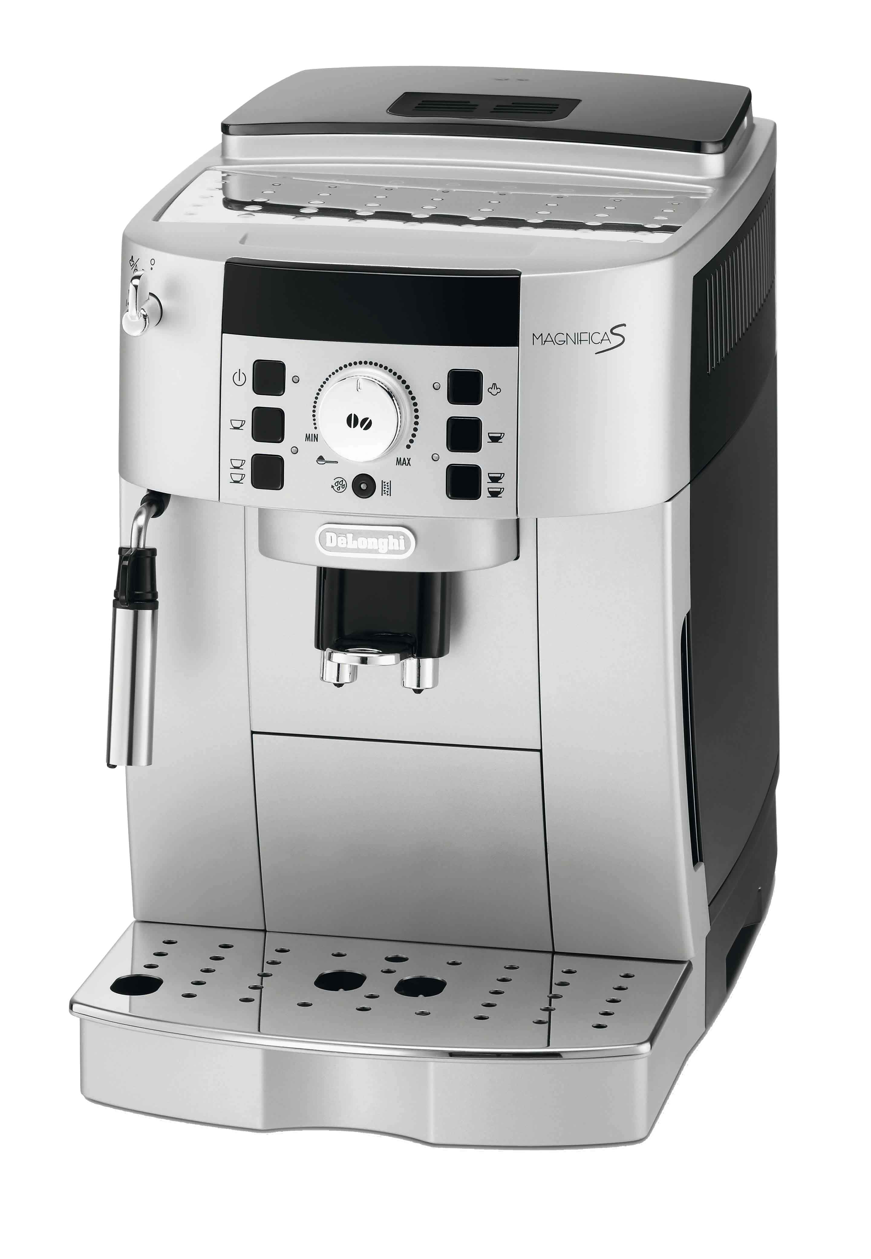 Silber-schwarze DeLonghi Magnifica S Espressomaschine. Mit Knöpfen, Auslauf und Bohnenbehälter.