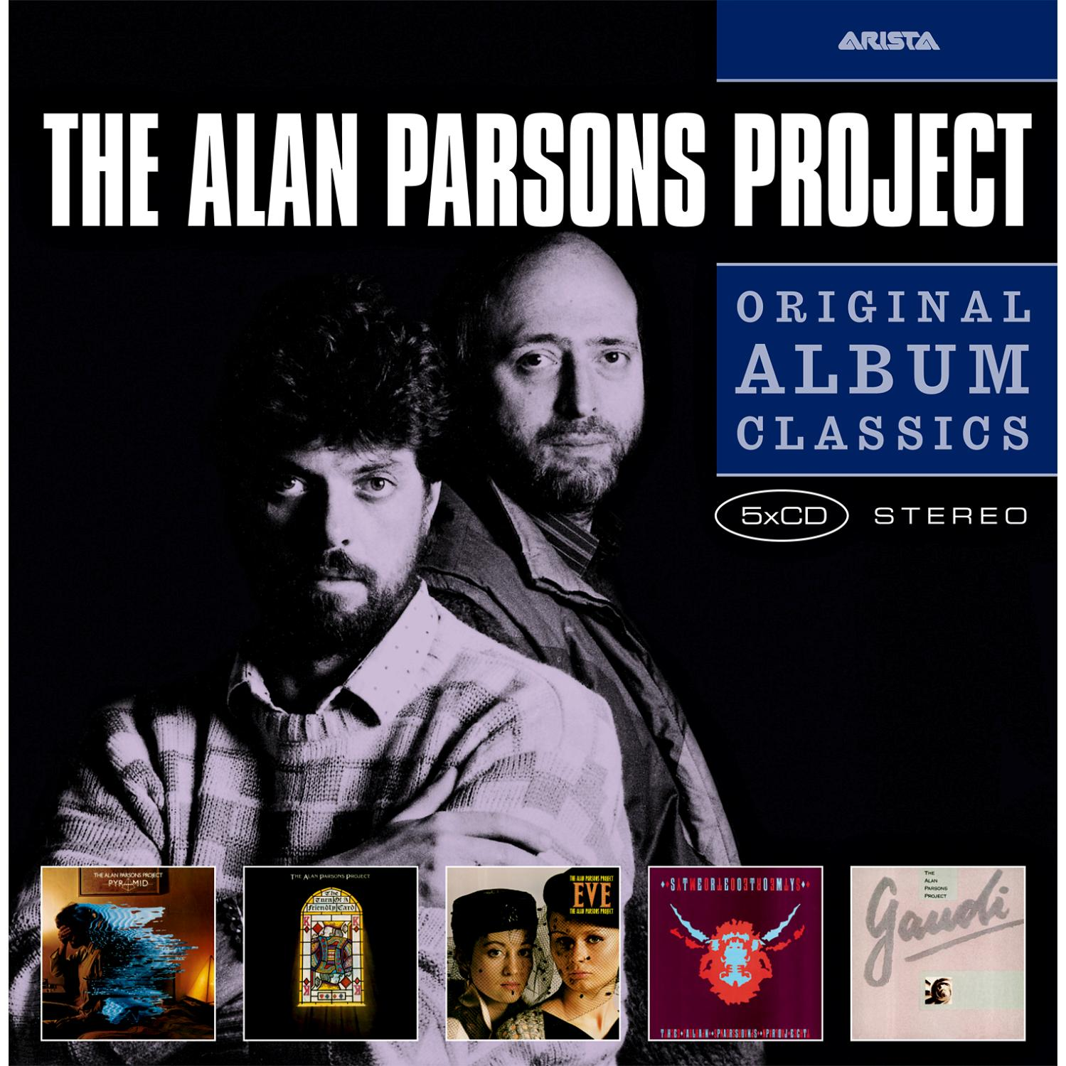 A The Alan Parsons Project album borítója. Két férfi elöl. Albumművészet alul.