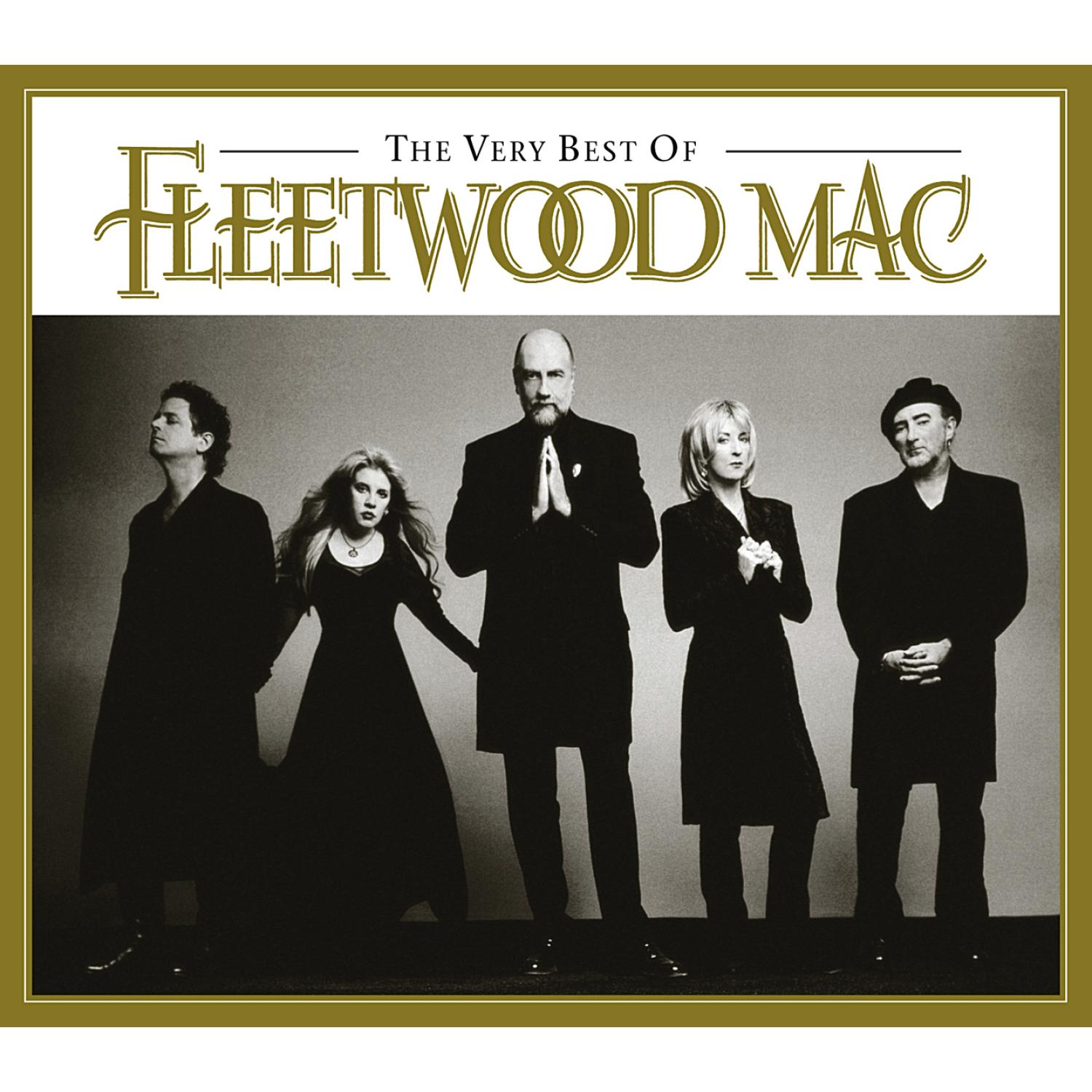 Albumcover mit Fleetwood Mac Bandmitgliedern. Bandmitglieder in schwarzer Kleidung. Goldrand um das Bild.