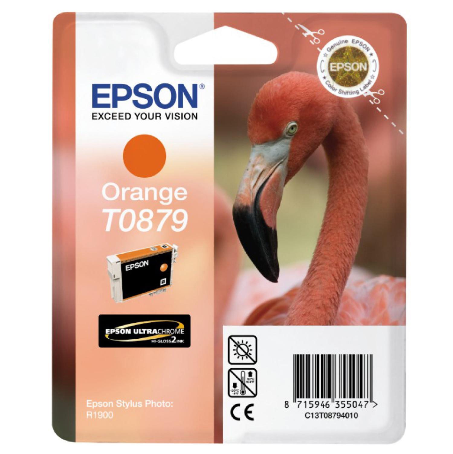 Eine orangefarbene Epson Tintenpatronenverpackung mit einem Flamingo-Bild.