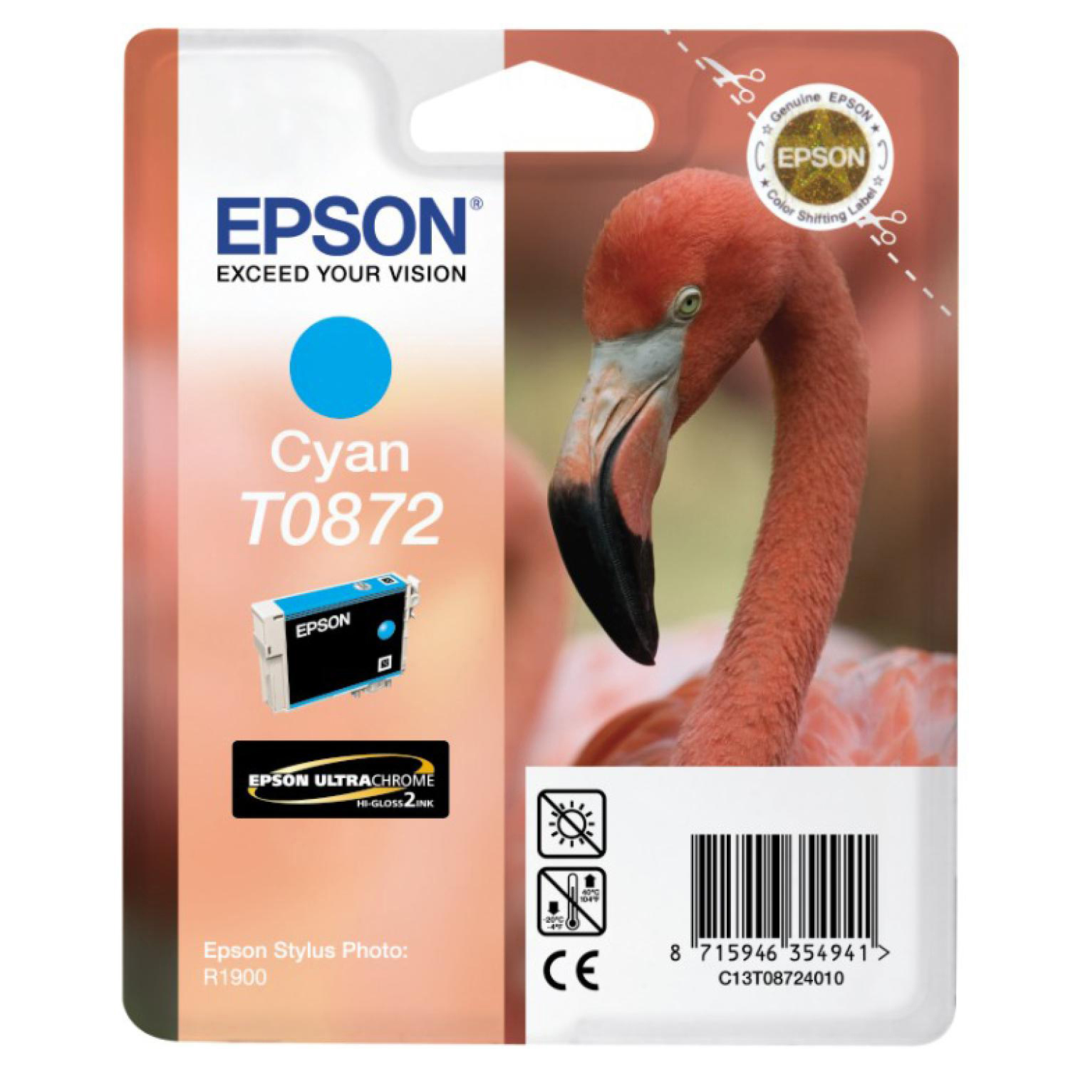 Verpackung einer Epson Cyan-Tintenpatrone. Der Kopf eines Flamingos ist abgebildet.