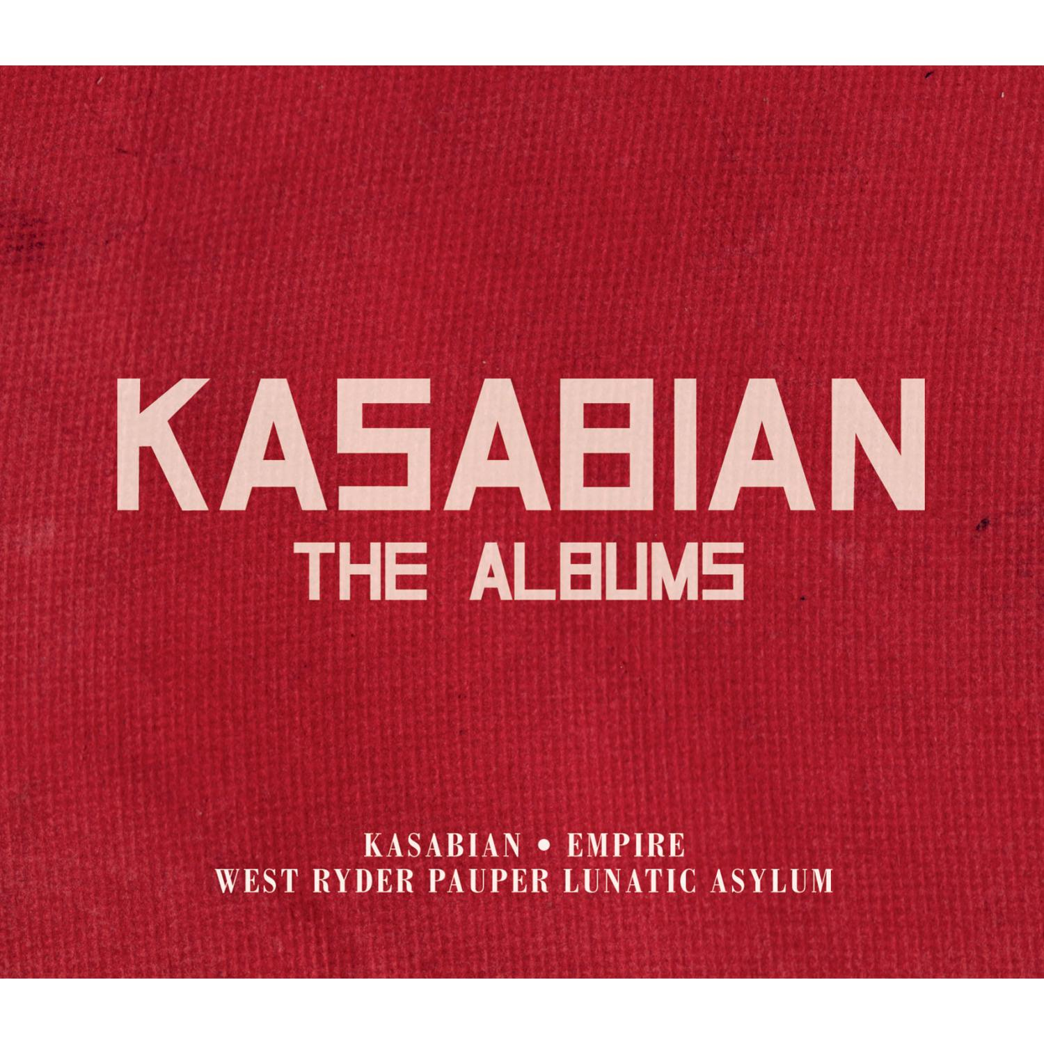 Roter Albumcover mit weißem Text: KASABIAN, THE ALBUMS. Unten stehen Albumtitel.