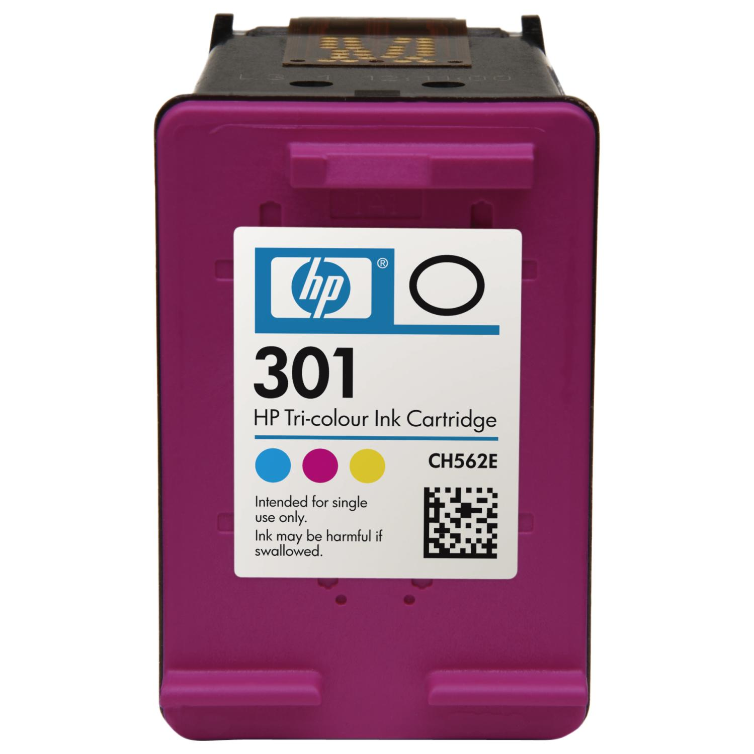 Nahaufnahme eines magentafarbenen HP 301 Tintenpatronenetiketts. Enthält Farben und einen QR-Code.