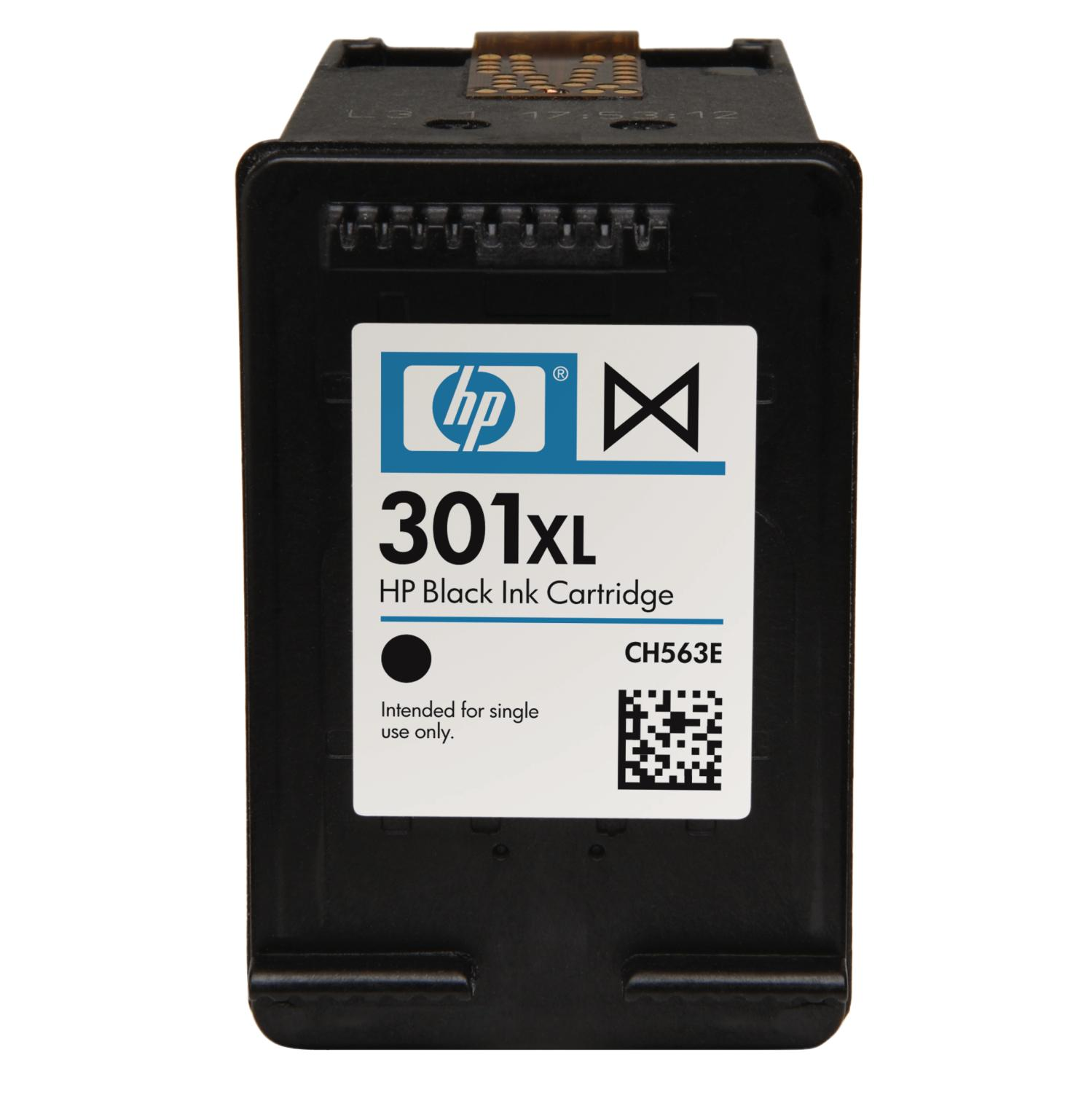 Black HP 301XL black ink cartridge, intended for single use only. White background.