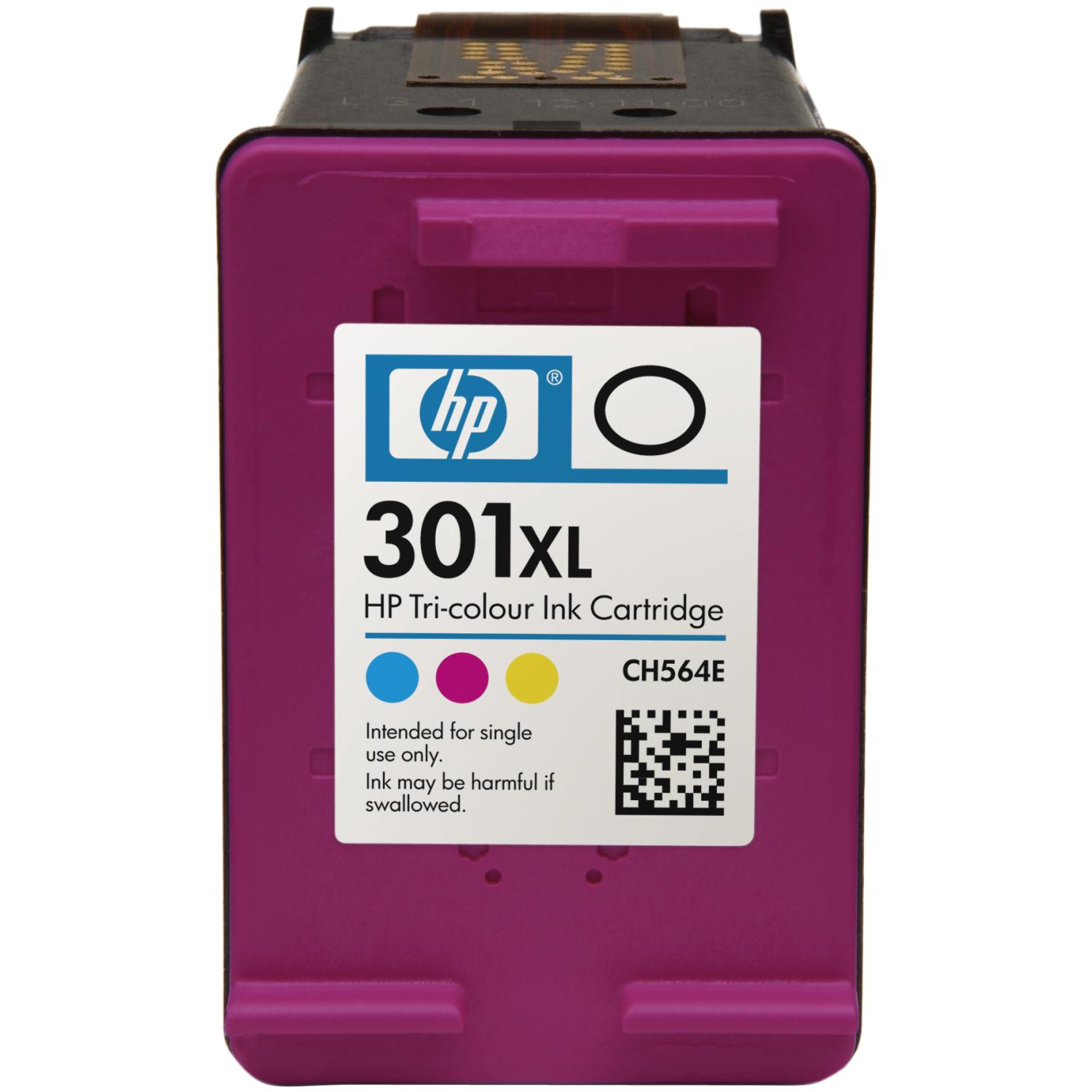 HP 301xl Tintenpatrone, magenta und rosa, mit blauen, gelben und magentafarbenen Tintenpunkten.