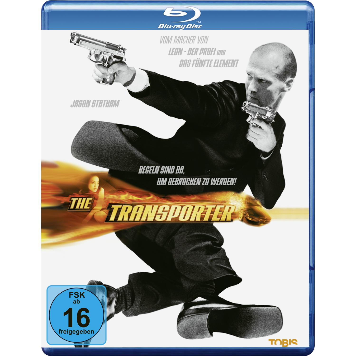 The Transporter-Filmcover. Jason Statham hält zwei Waffen, eine Frau im Hintergrund.