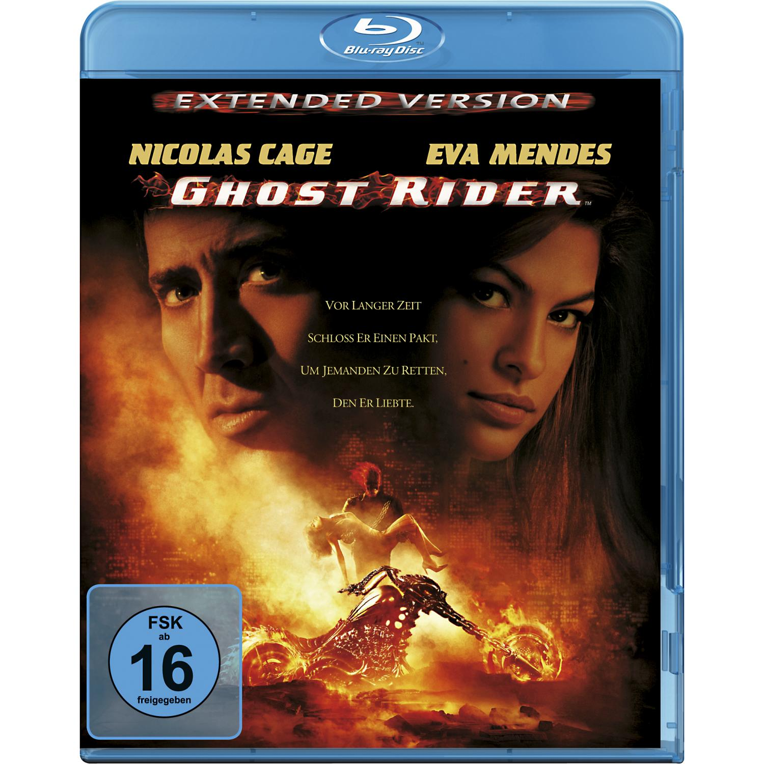 Ghost Rider Blu-ray-Cover. Nicolas Cage und Eva Mendes' Gesichter. Ein Motorrad mit Flammen im Vordergrund.
