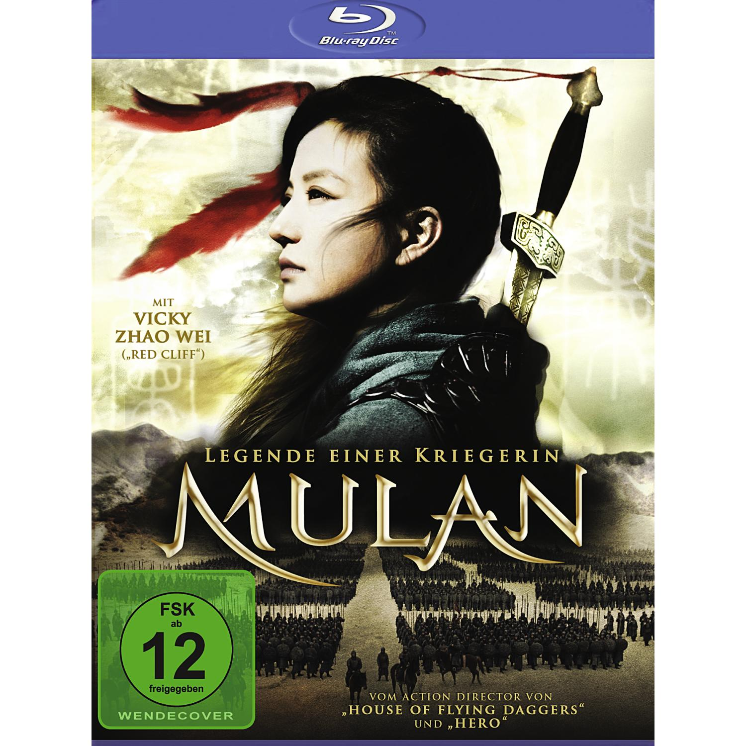 Filmcover. Eine Frau mit Schwert, blickt zur Seite. Titel: Mulan. Soldaten im Hintergrund. Blu-ray Disc Logo.