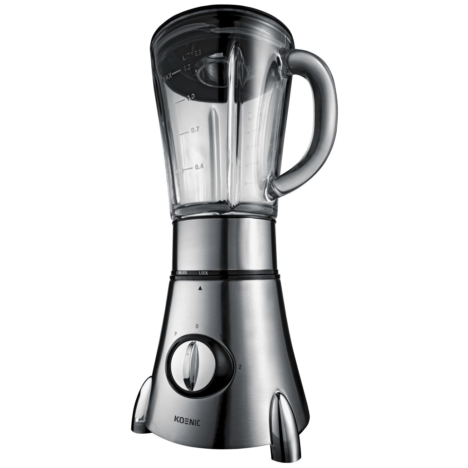 Srebrno-czarny blender ze szklanym dzbankiem, uchwytem i podstawą. Marka to Koenic.