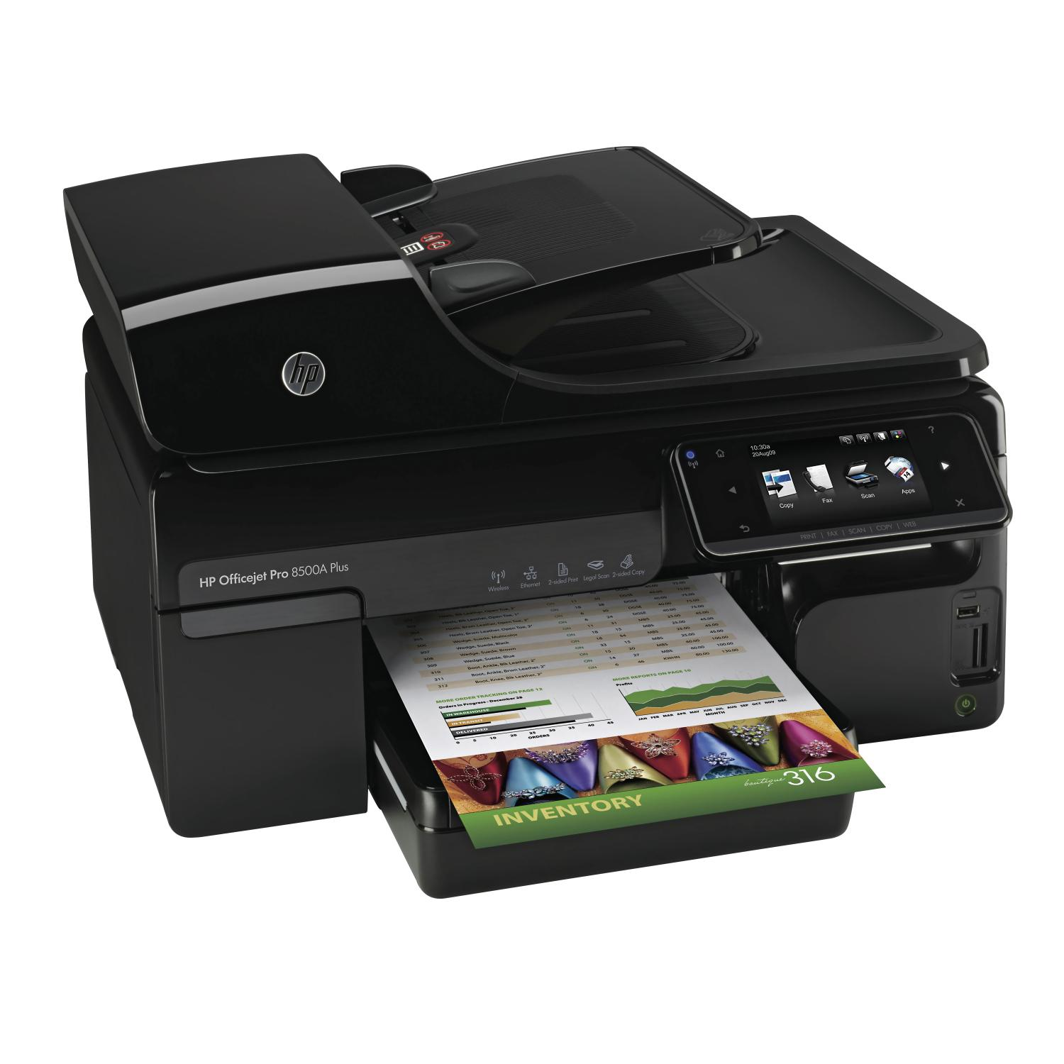 Impresora negra HP OfficeJet Pro 8500A Plus. Imprime un documento con colores.