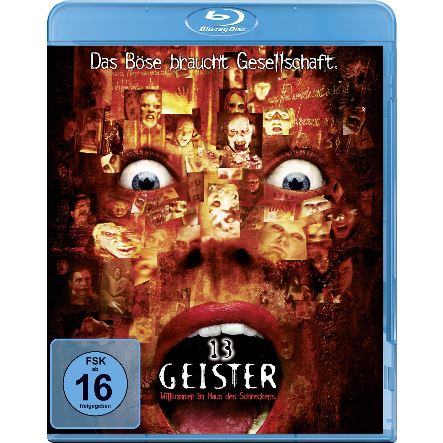 Filmcover '13 Geister' mit Gesichtern und einem großen geöffneten Mund. Blaue Blu-ray-Hülle. Dunkler Hintergrund.