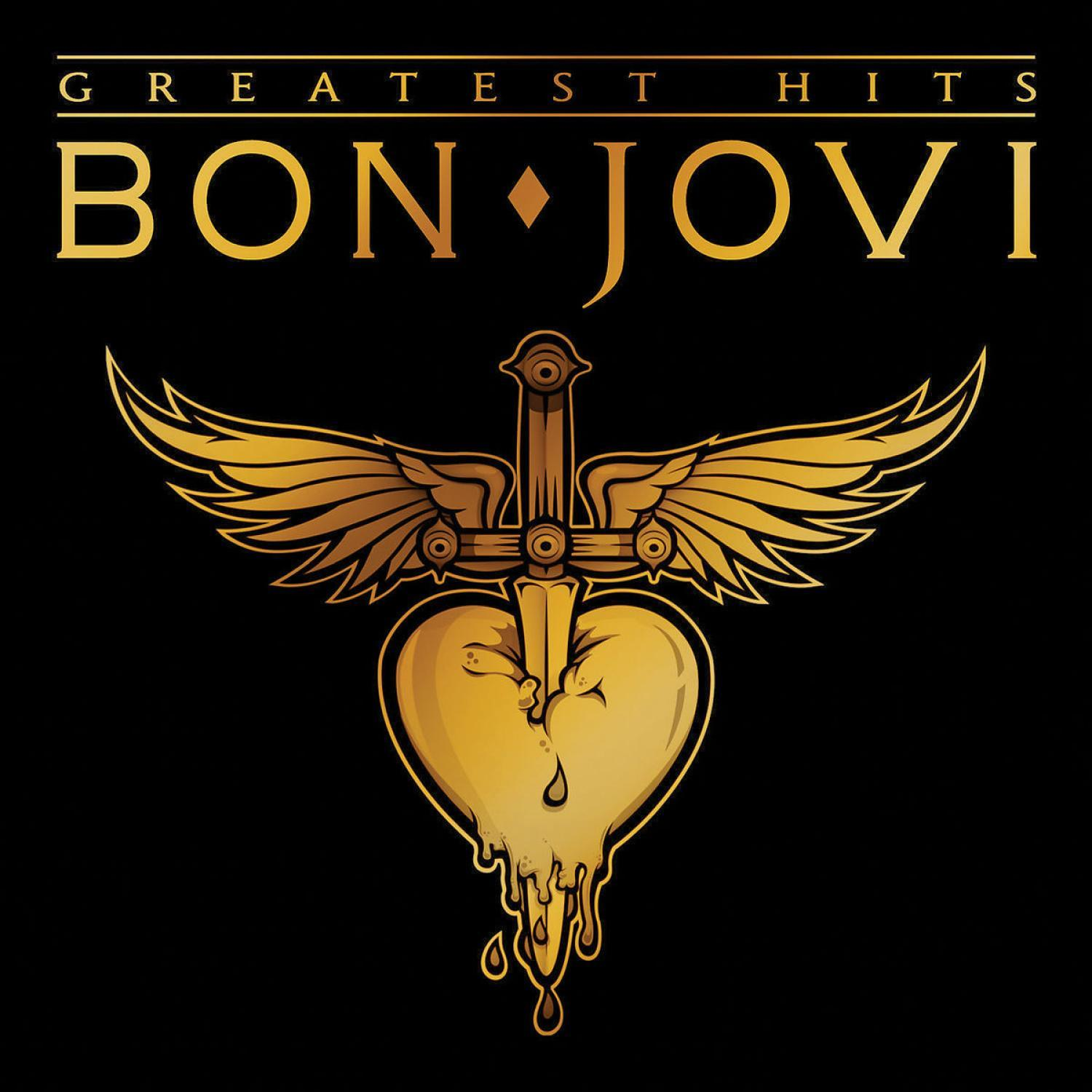 Pochette d'album : Greatest Hits de Bon Jovi avec cœur et ailes dorés sur fond noir.