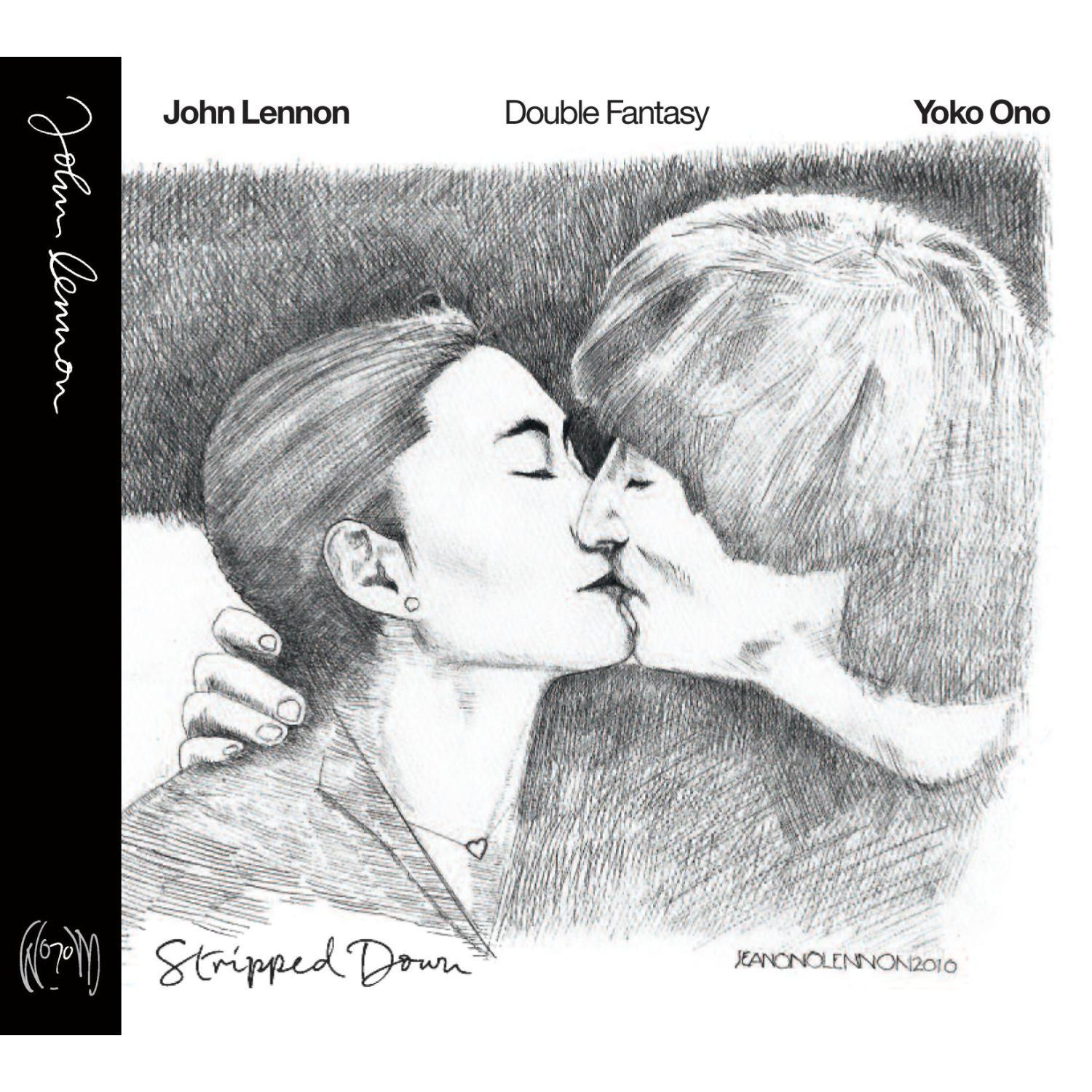 Albumcover: handgezeichnete Skizze von John Lennon und Yoko Ono beim Küssen. Text lautet 'Double Fantasy' und 'Stripped Down'.