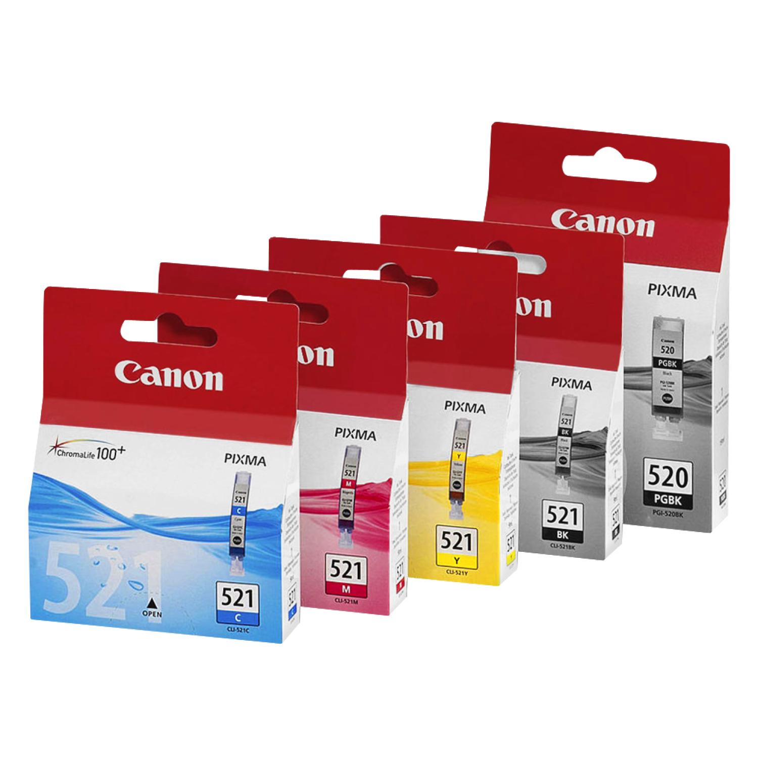 Canon Druckerpatronen. Fünf Kartons, rot und weiß. Verschiedene Tintenfarben sichtbar.