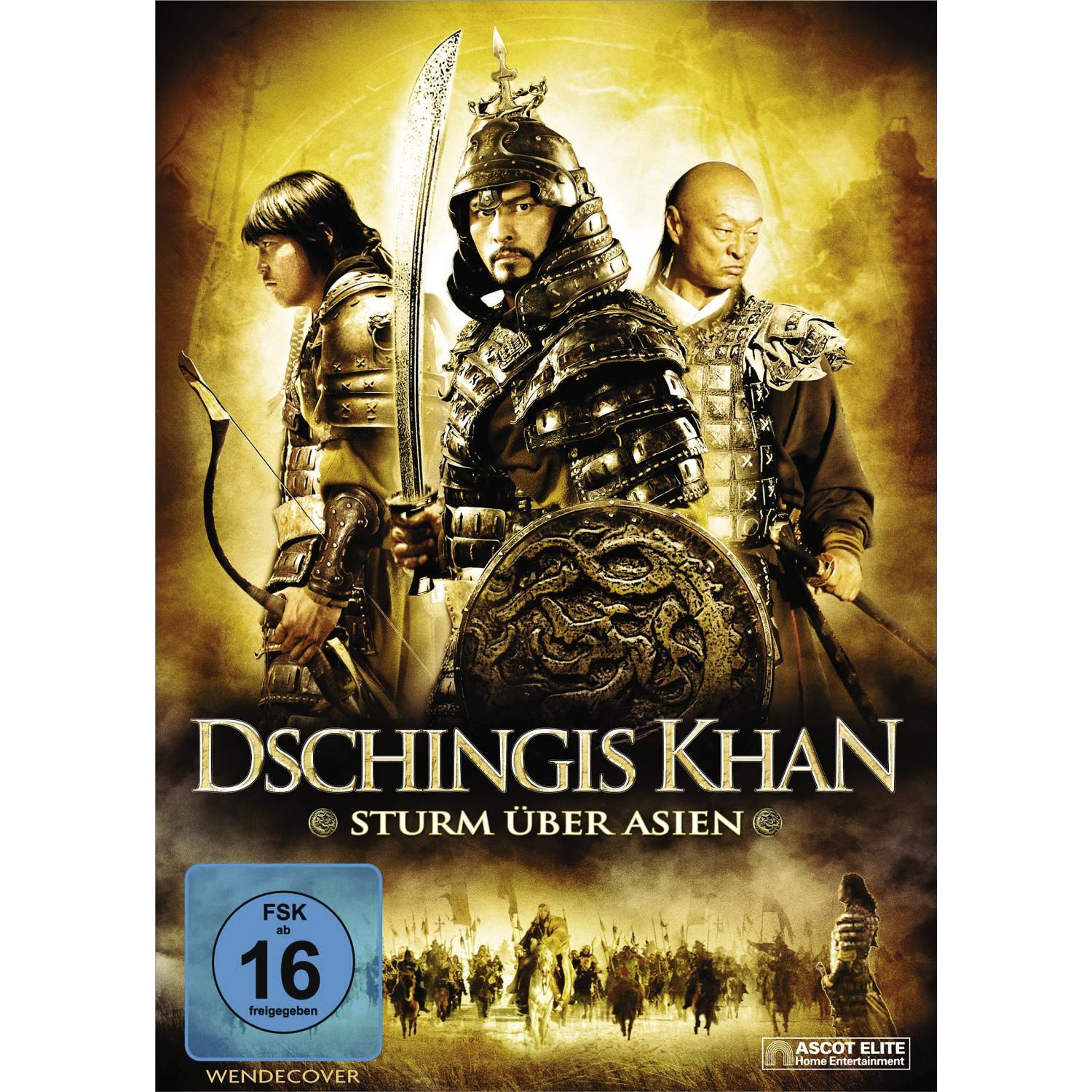 DVD-Hülle eines Films mit drei Männern in Rüstungen. Der Titel lautet 'Dschingis Khan'.