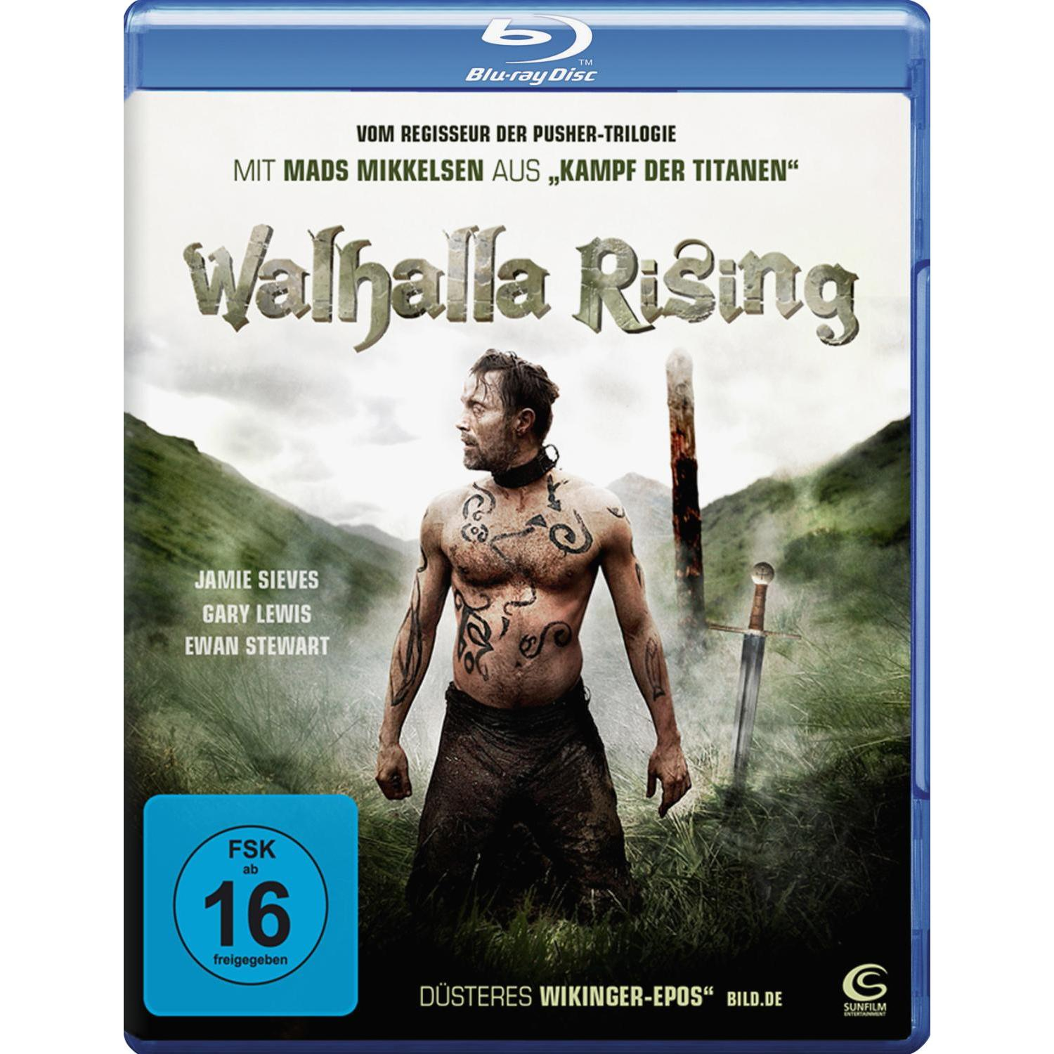 Blu-ray-Cover mit einem Mann mit Tätowierungen und einem Schwert. Titel: Valhalla Rising. Grüner Hintergrund.
