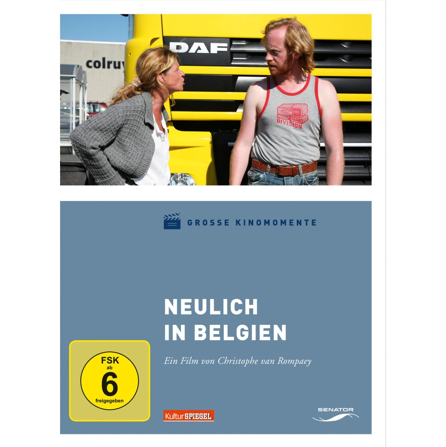 DVD-Cover von 'Neulich in Belgien'. Zeigt eine Frau, einen Mann und einen gelben LKW. Dunkelblauer Hintergrund.