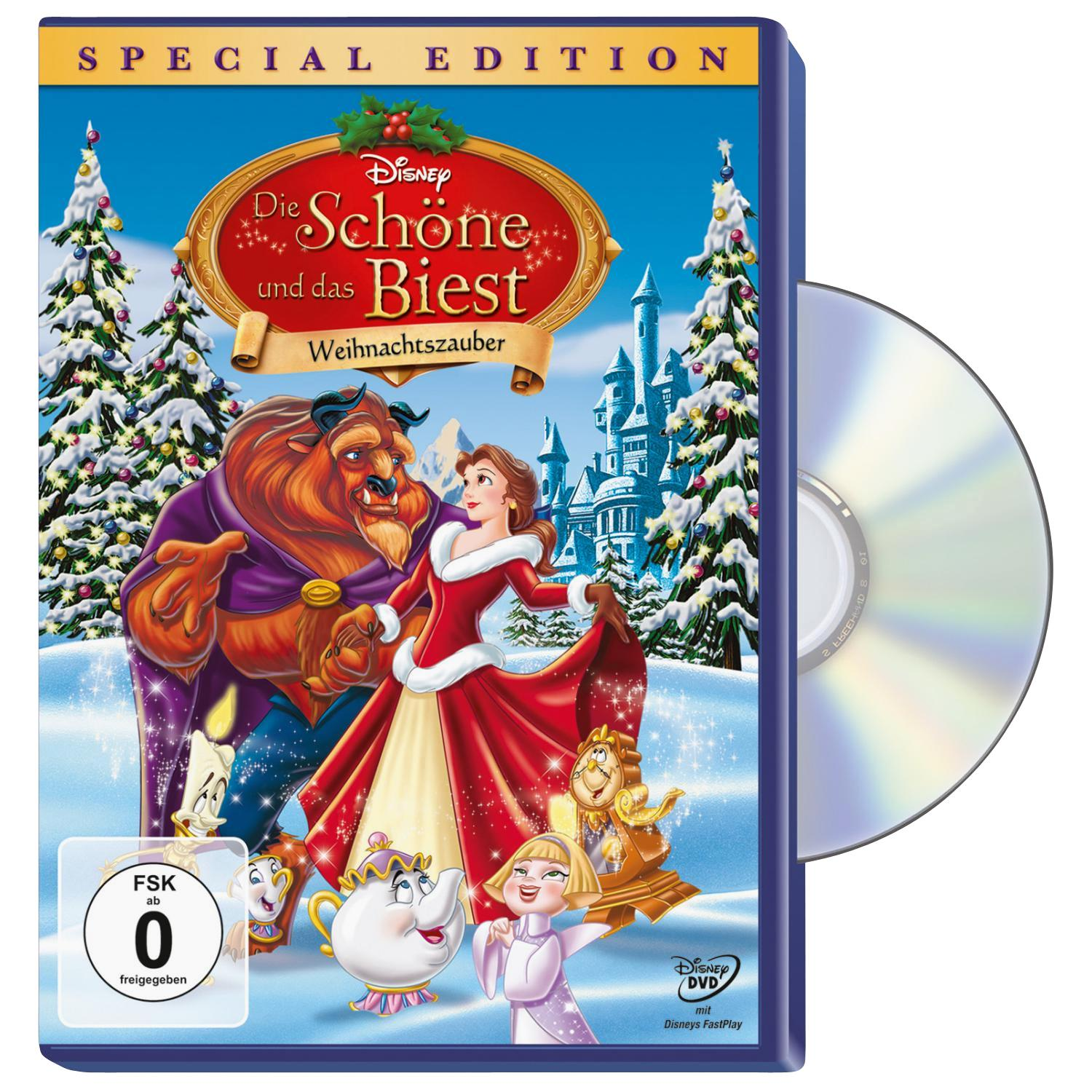 DVD-Hülle für 'Die Schöne und das Biest', mit Belle und Beast in einer verschneiten Szene.
