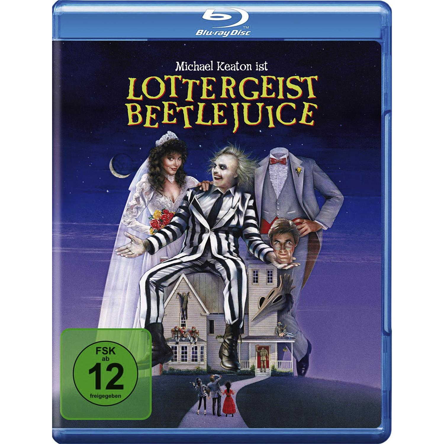 Filmcover. Beetlejuice in gestreiftem Anzug, eine Braut, ein Bräutigam ohne Kopf, ein Haus und der Titel.