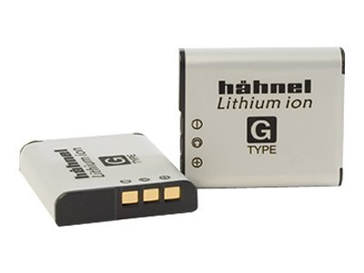 Zwei silberne Batterien. Text: 'hähnel Lithium ion G TYPE'. Weißer Hintergrund.