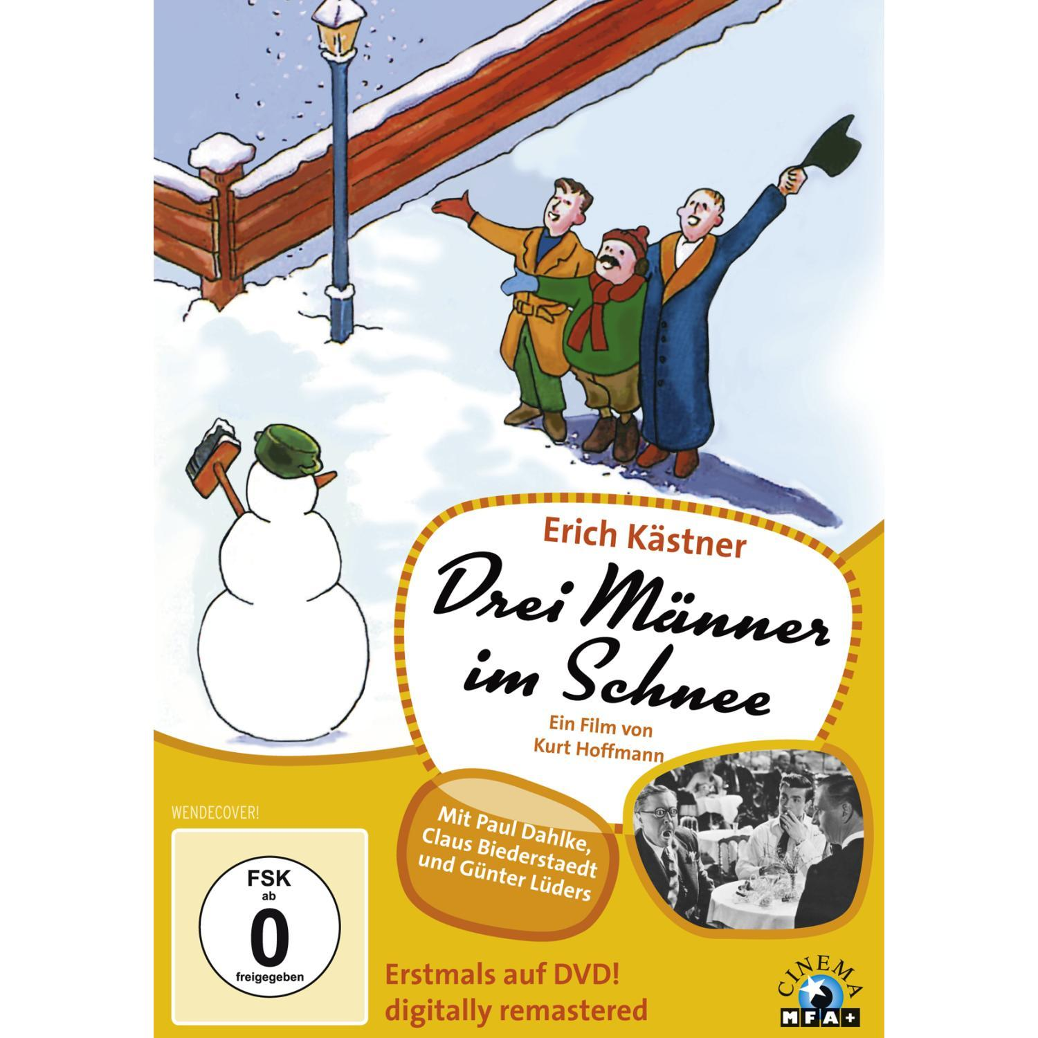 DVD-Cover für 'Drei Männer im Schnee': Cartoon-Bild von drei Männern und einem Schneemann.