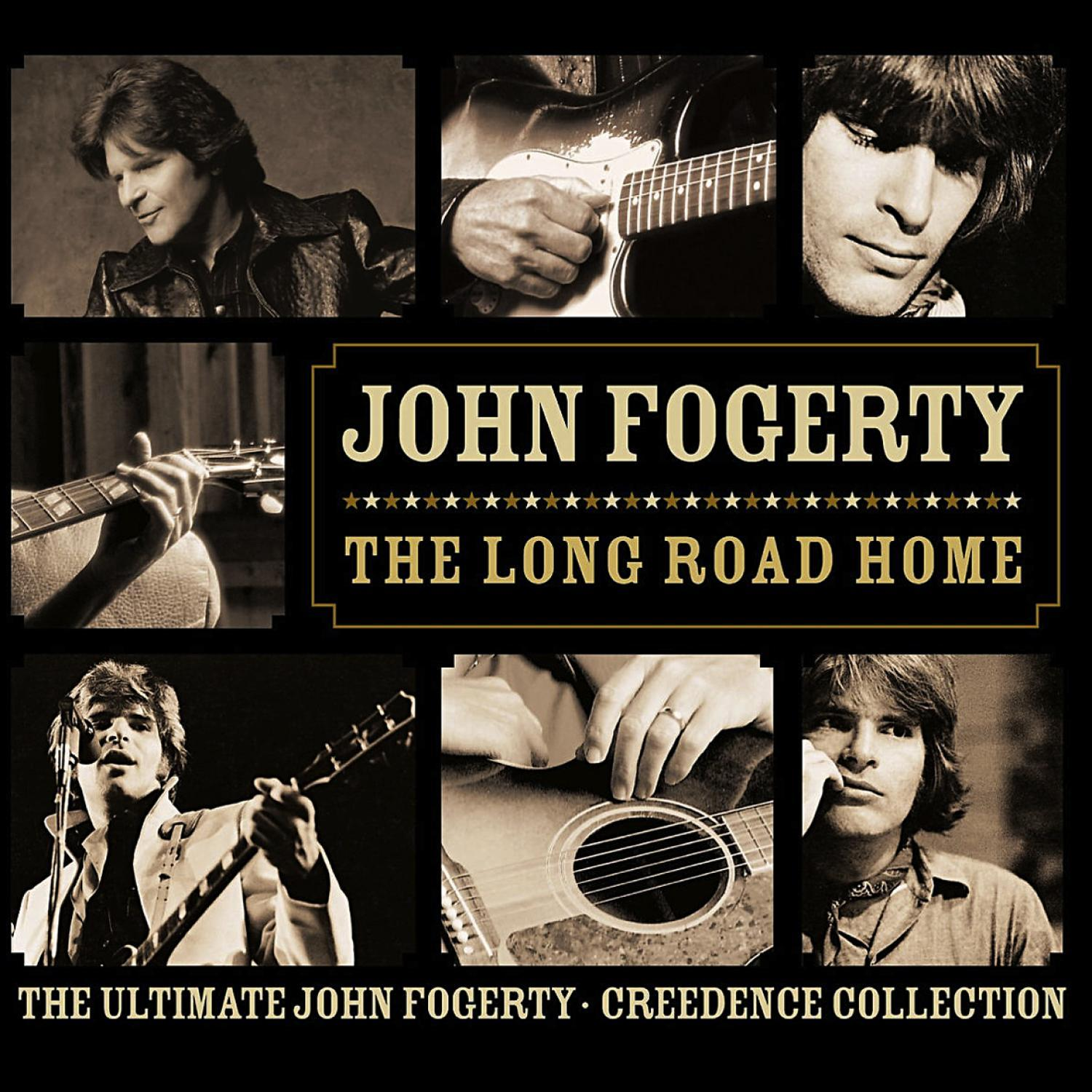 Albumcover: Montage von John Fogerty-Bildern, Gitarren, Text 'The Long Road Home'.