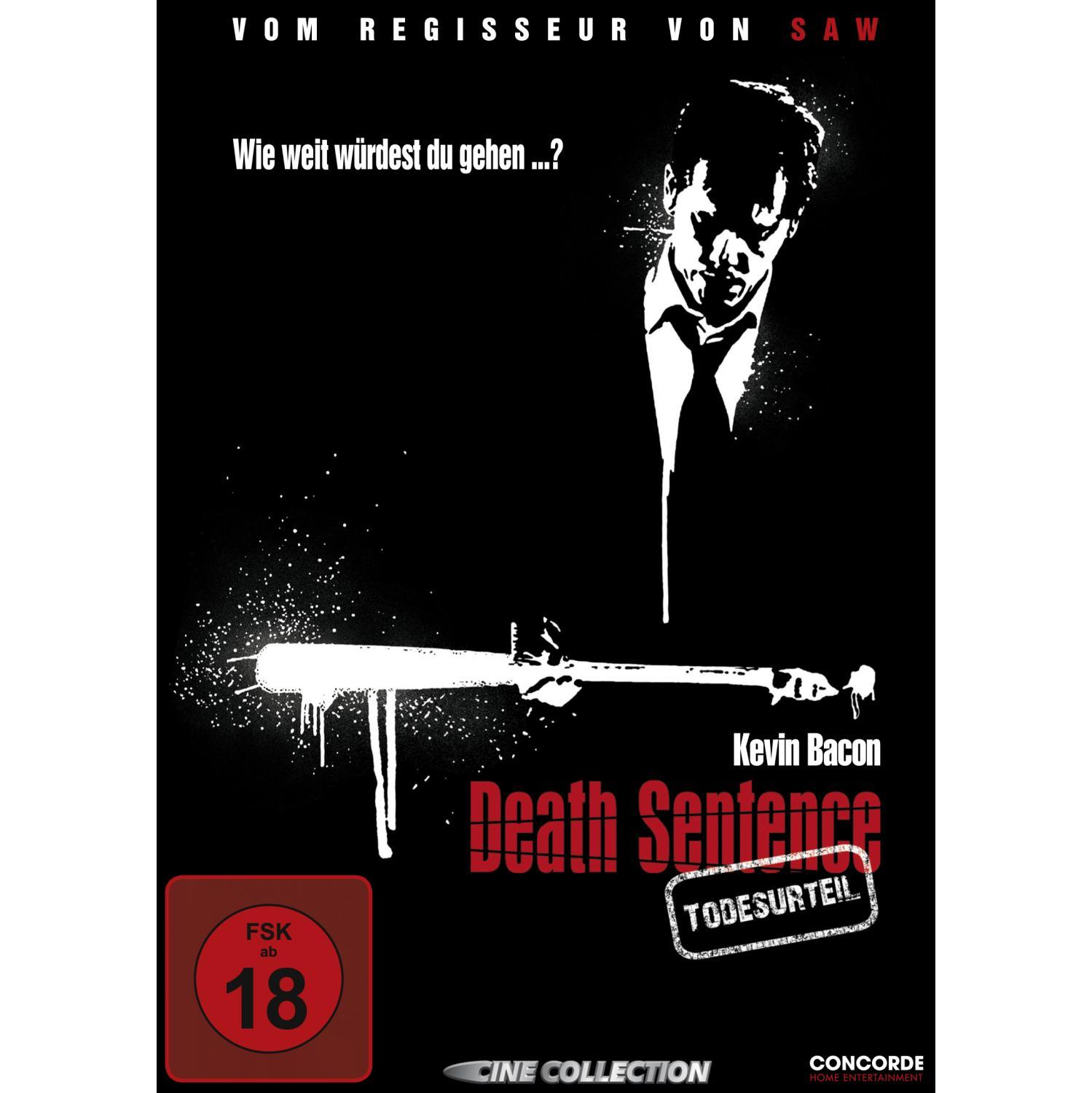 Filmposter mit Mann und Schläger, rot, weiß und schwarz. Text: Death Sentence.
