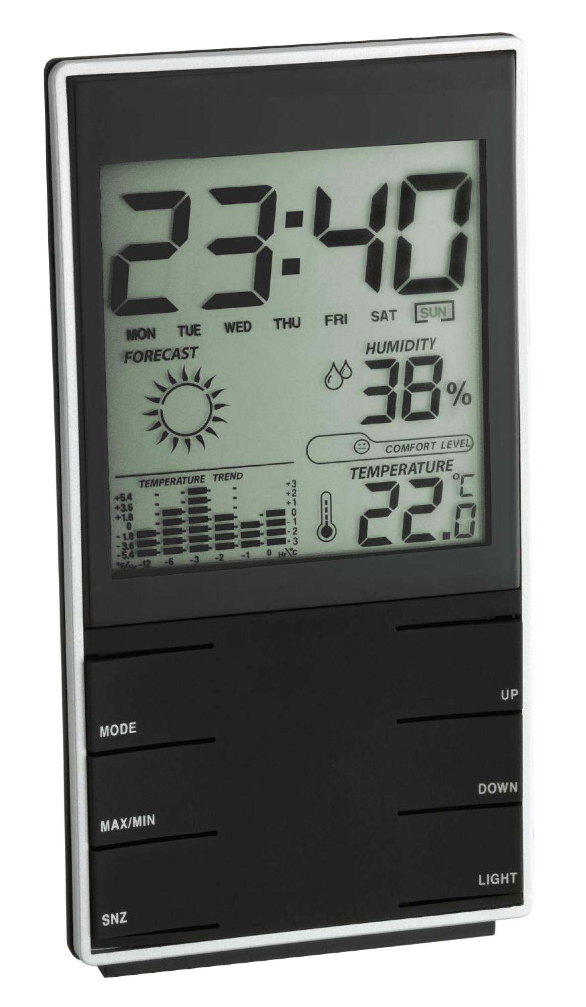Digitaluhr mit Zeit, Luftfeuchtigkeit und Temperatur. Schwarzer Rahmen und Knöpfe.
