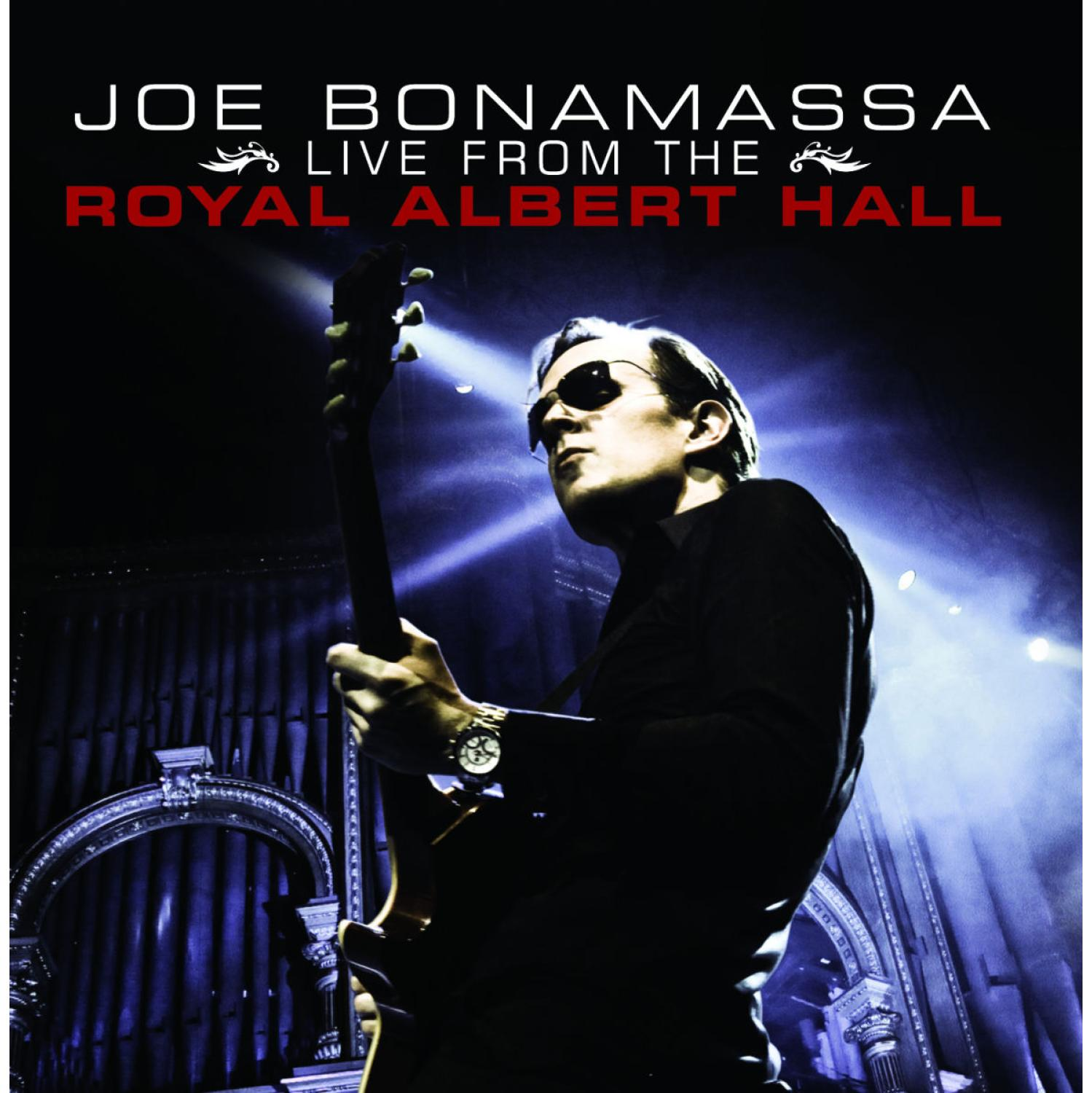 Joe Bonamassa spielt Gitarre auf der Bühne in der Royal Albert Hall, trägt Sonnenbrille und schwarzen Anzug.