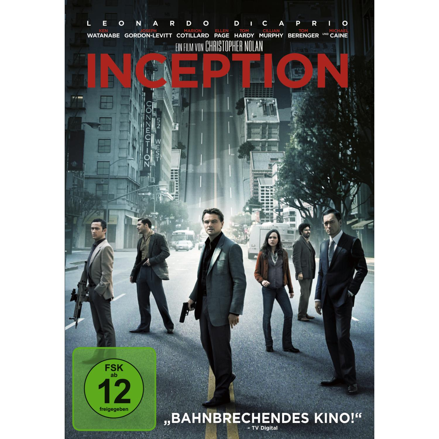 Filmposter von Inception mit Schauspielern auf einer Stadtstraße. Der Titel ist rot.
