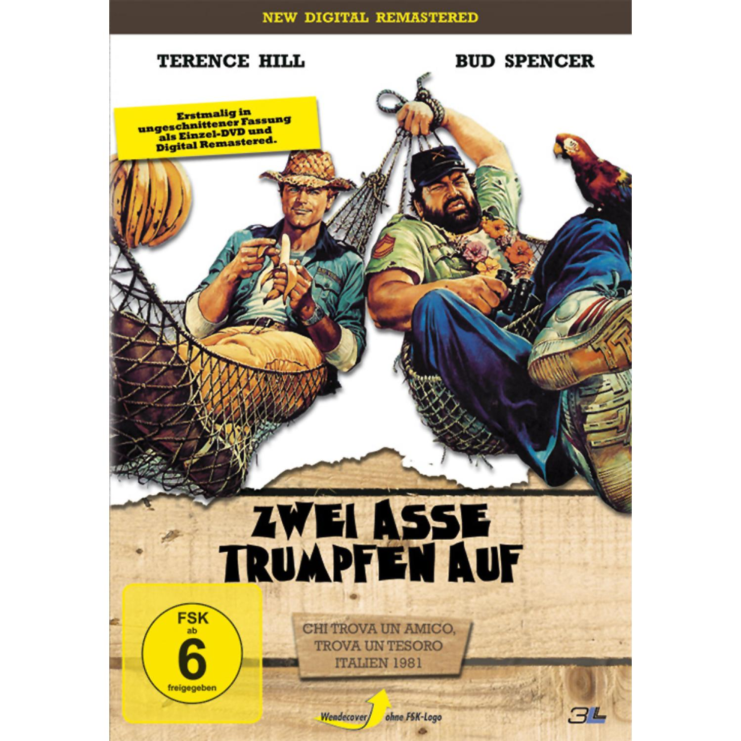 Filmposter. Zwei Männer mit Fischernetzen und einem Papagei. Der Titel lautet „Zwei Asse Trumpfen Auf“.
