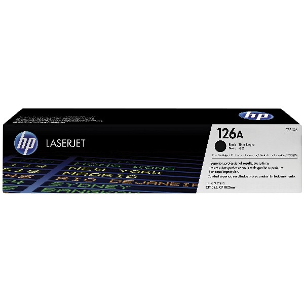 Czarny wkład z tonerem HP LaserJet 126A, pudełko z logo HP i informacjami o produkcie.