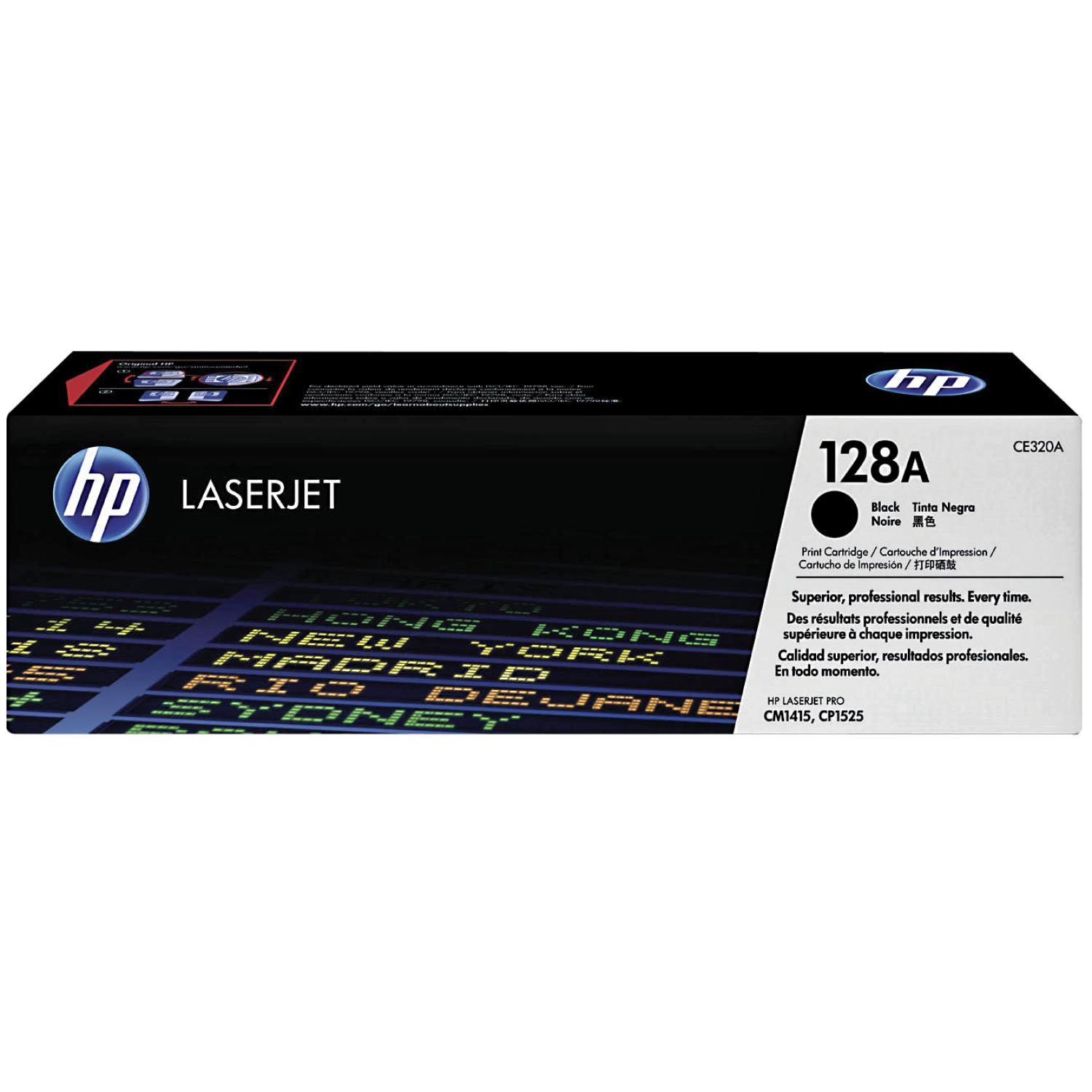 Czarne pudełko z tonerem HP LaserJet 128A, pokazuje szczegóły i informacje o produkcie.