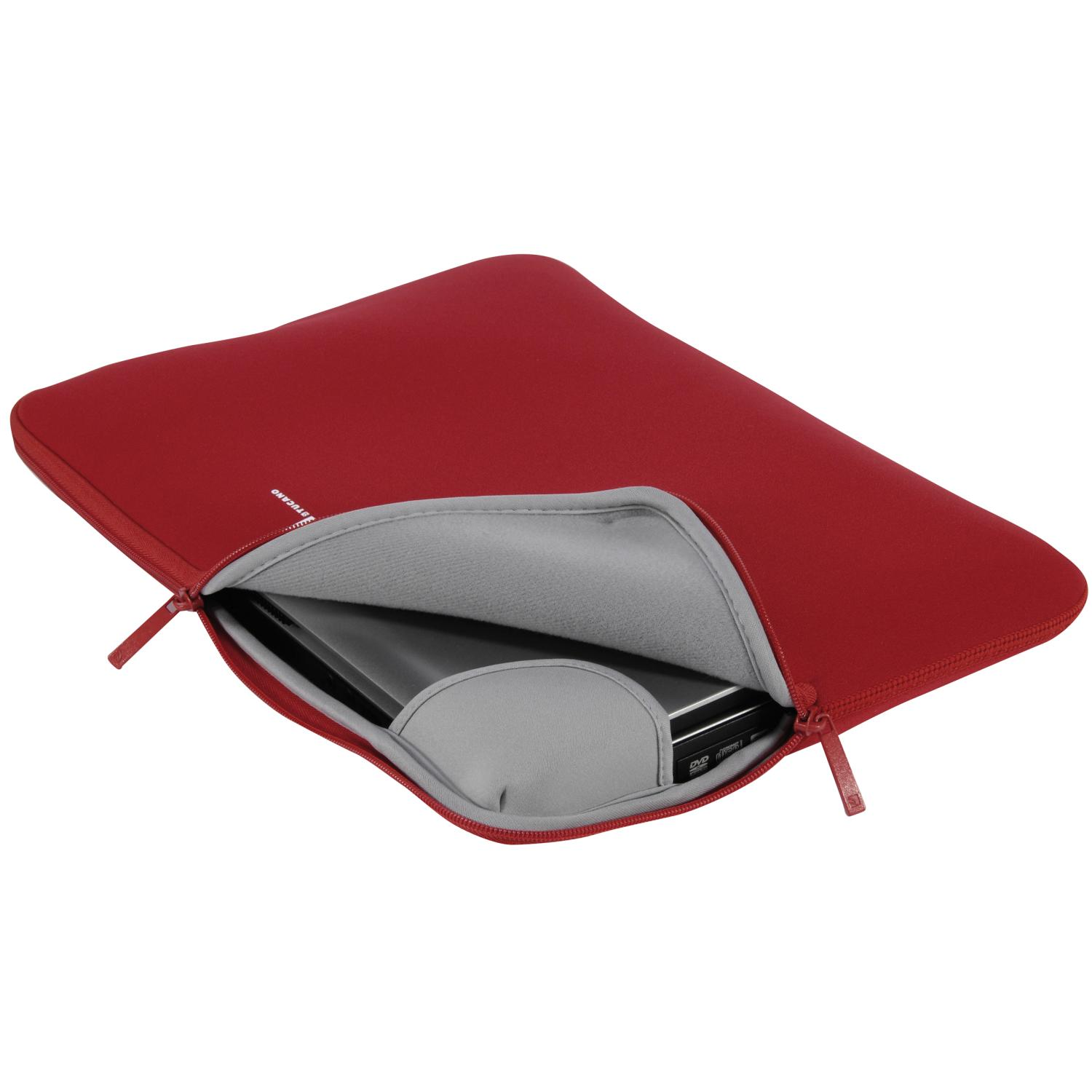 Rote Laptoptasche mit offenem Bereich, der einen Laptop zeigt.
